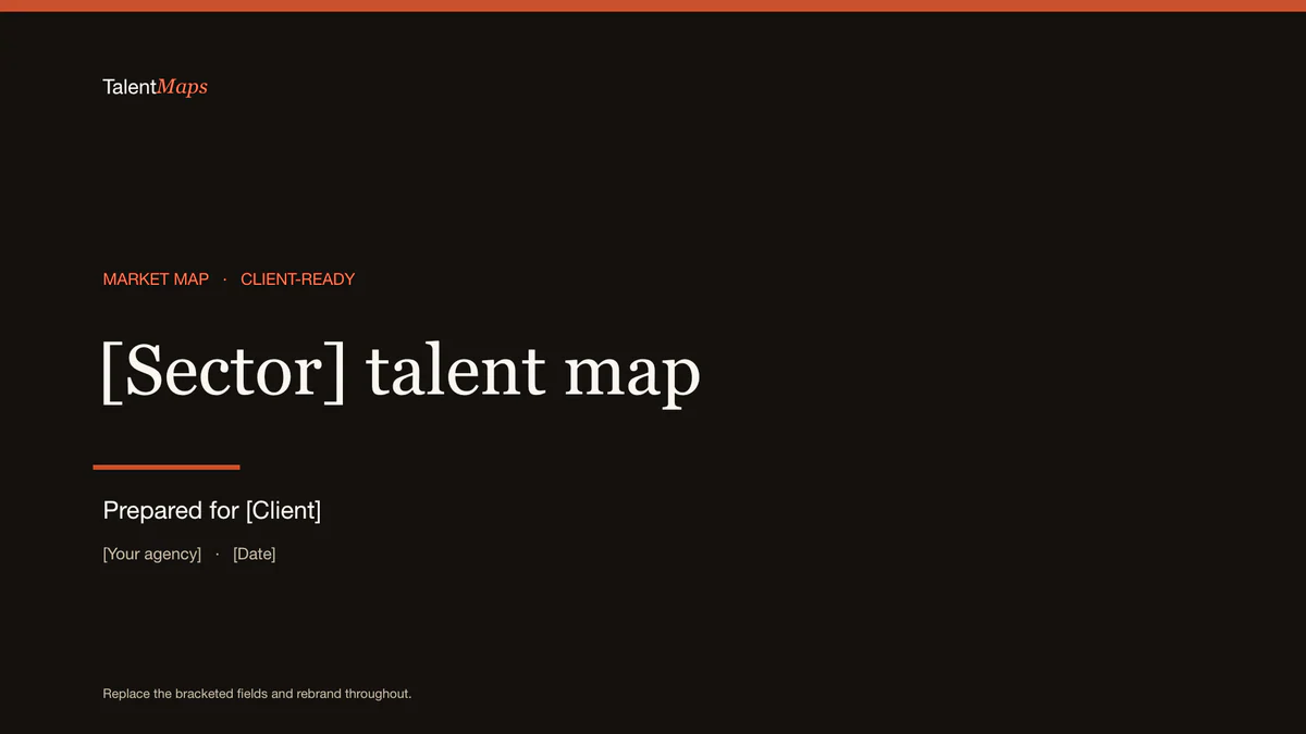 Dark cover slide titled “[Sector] talent map” with client, agency, and date placeholders.