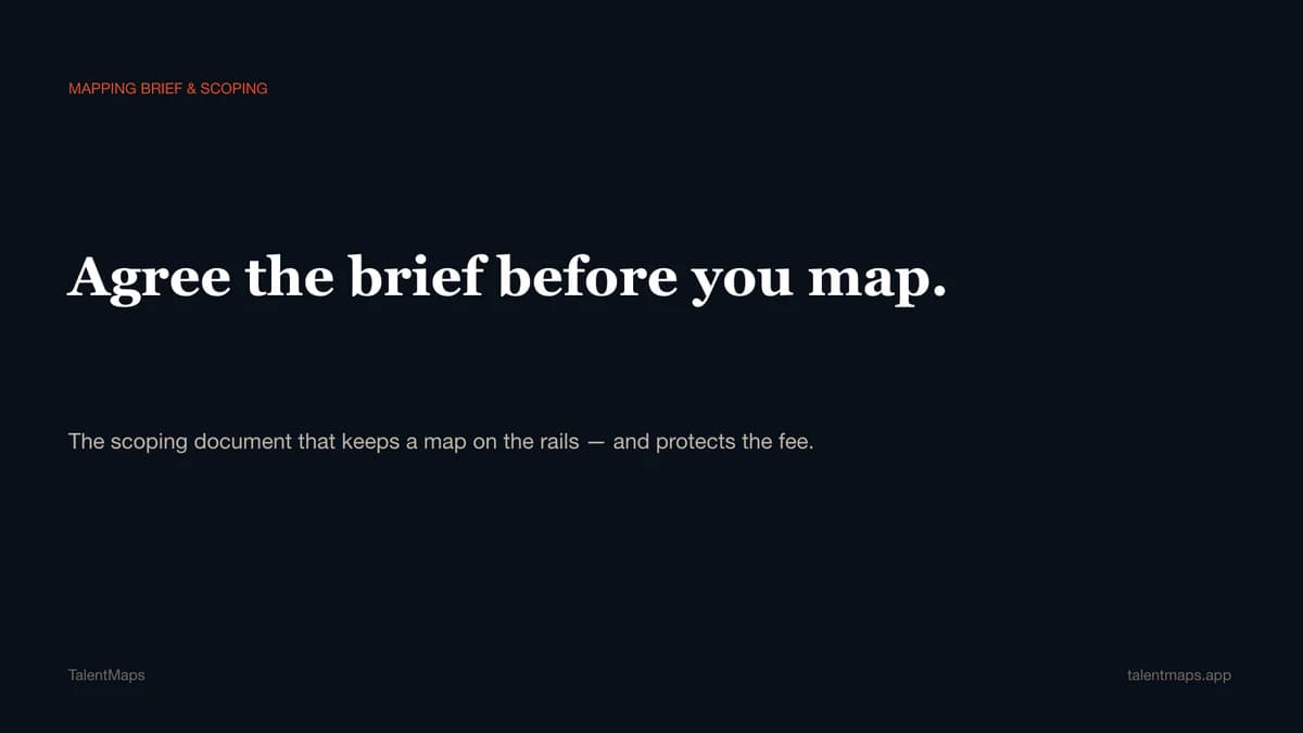 Dark cover slide titled “Agree the brief before you map.” for the mapping brief and scoping template.