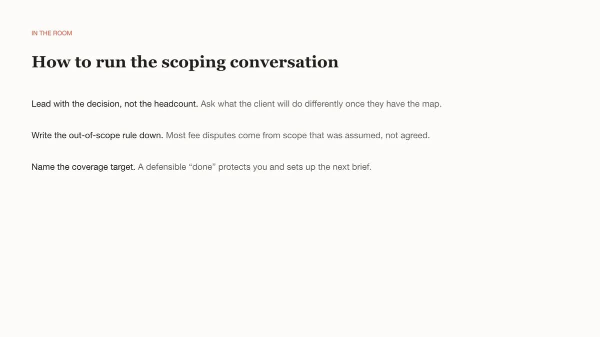 Scoping conversation slide with guidance on agreeing the decision, exclusions, and coverage target.