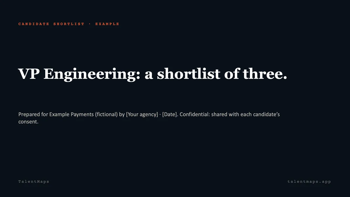 Dark cover slide titled “VP Engineering: a shortlist of three.” prepared for a fictional client, with agency and date placeholders.