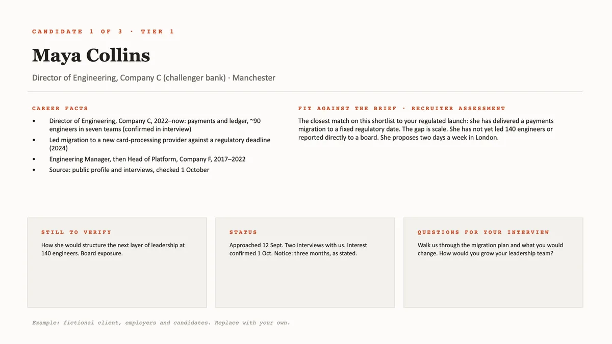 Candidate page for fictional Maya Collins with career facts, a fit note, items still to verify, status and interview questions.