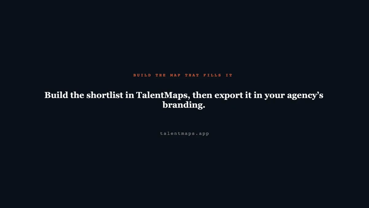 Dark closing slide inviting recruiters to build the shortlist in TalentMaps and export it in their agency’s branding.