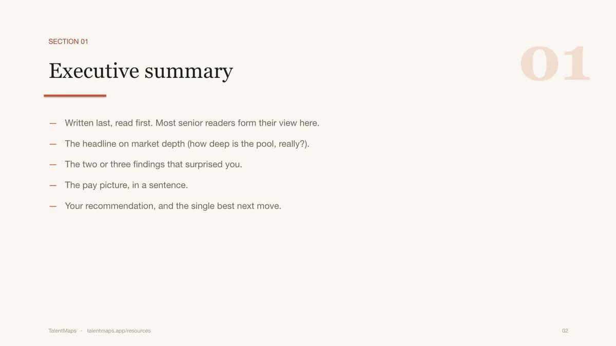 Executive summary slide with prompts for the headline finding, evidence, and recommendation.