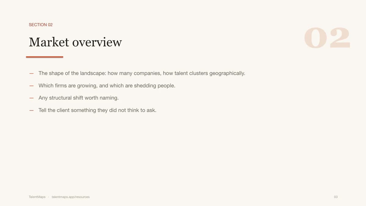 Market overview slide with prompts for market shape, hiring trends, and structural shifts.