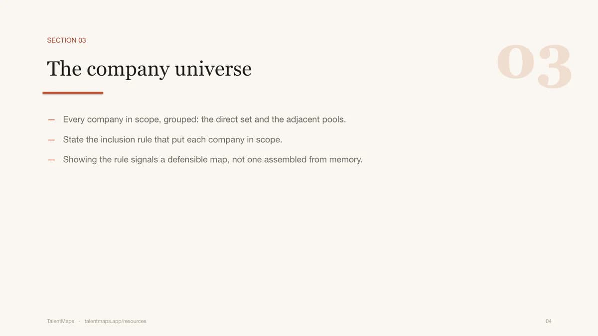 Company universe slide with prompts for grouping target companies and explaining inclusion rules.