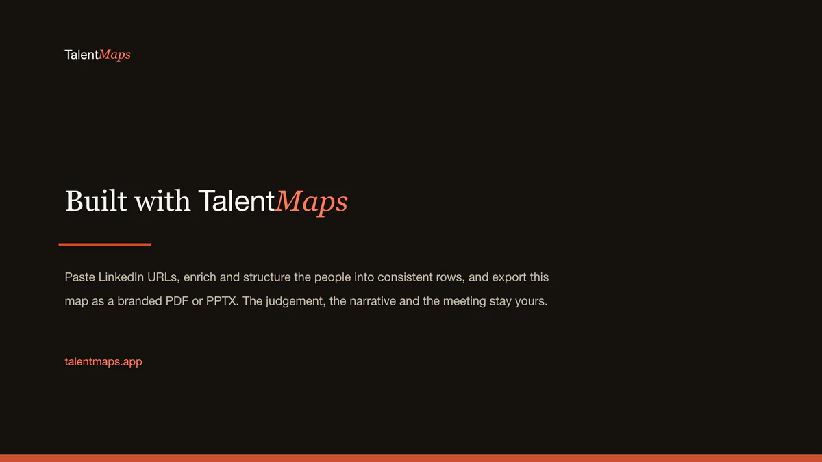 Dark closing slide explaining how TalentMaps turns LinkedIn profiles into structured report rows.